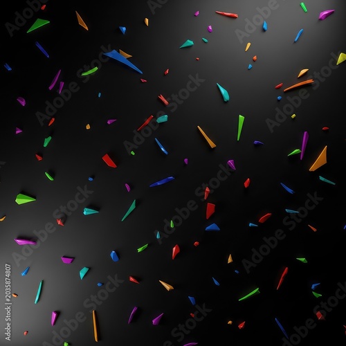 Dynamic visual composition featuring colorful, sharp shards scattered randomly across a dark background, creating complex texture and high contrast, shards, geometric, Abstract