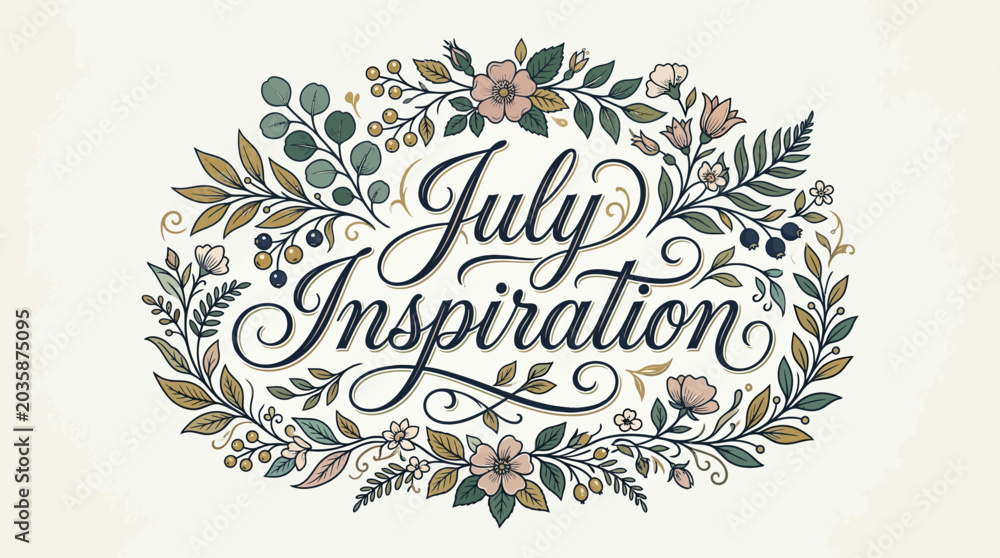 Obraz premium July Inspiration Floral Calligraphy Wreath Design