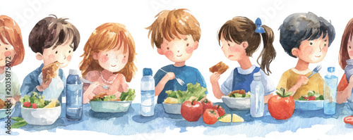 Back to school lunch children student classroom cafeteria healthy food watercolor illustration group meal
