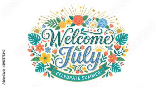 Welcome July Floral Summer Typography Greeting Card