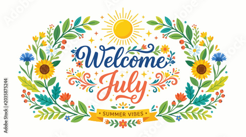 Welcome July Summer Floral Wreath with Sun and Flowers