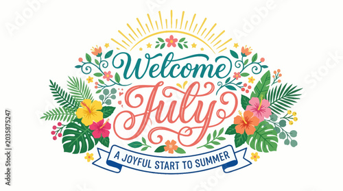 Welcome July Summer Season Floral Typographic Greeting Card