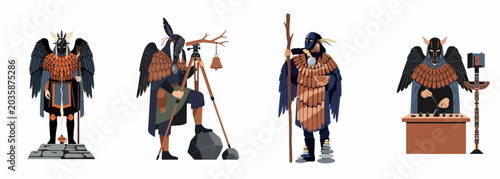 Konstfotografi Collection of mythological bird-like characters with black wings and masks, featuring a priest, surveyor, monk, and craftsman in flat vector illustration style