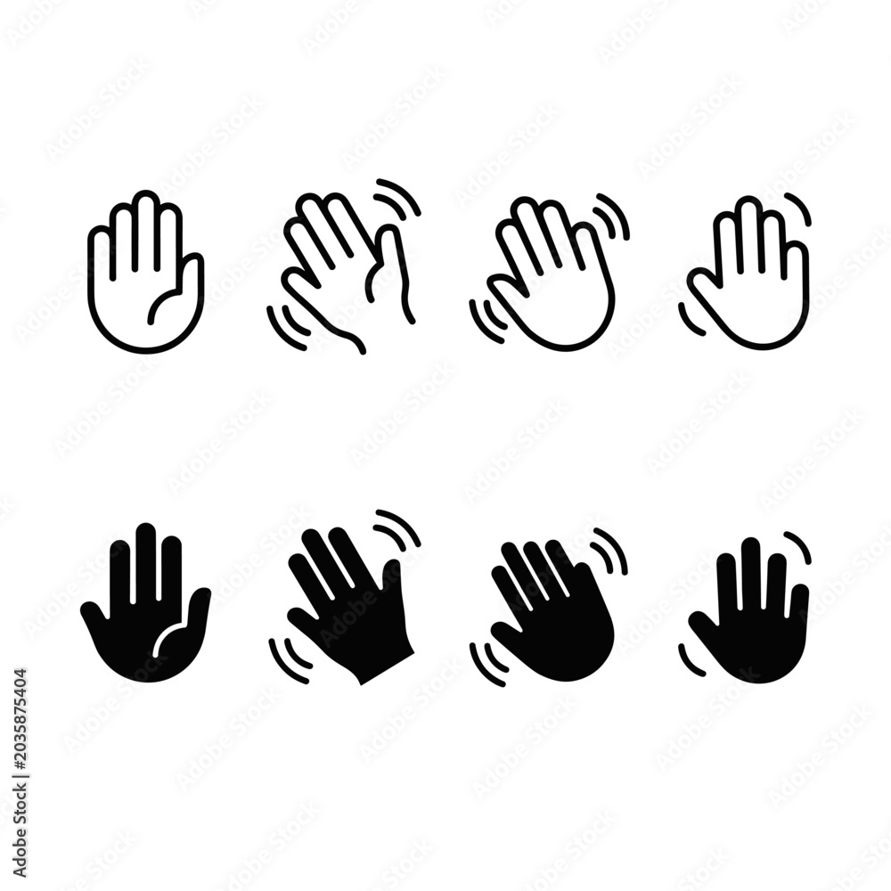 Fototapeta premium A set of graphic icons depicting a hand waving, illustrating various styles and movement for greeting or signaling goodbye.