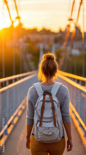 Back to school student backpack bridge Back to school student backpack commuter walking bridge sunset with warm light and city background outdoor