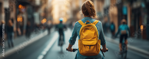 Back to school cyclist yellow backpack city street rear view commuting bicycle urban student lifestyle transportation