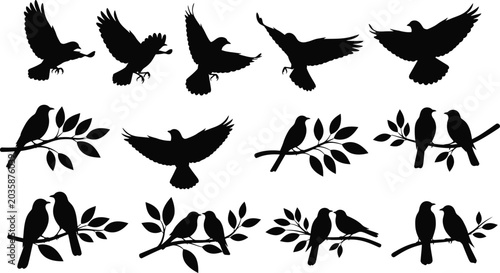 Black bird silhouettes collection featuring flying poses and birds perched on leafy branches for nature and wildlife design vector