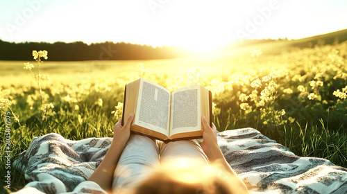 Reading a Book on Blanket in Sunny Meadow at Golden Hour