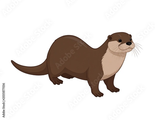 Cute Brown Otter Standing in Side View on Plain White Background