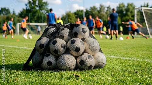 Close-up of a black mesh bag filled with several soccer balls on a green grass pitch, with a blurred team of players training in the background during a daytime session.