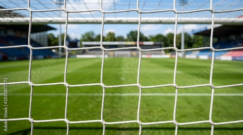 Close-up view of a white soccer goal net with a blurred background showing a green grass football field, stadium seating, and trees under a blue sky during daylight hours.