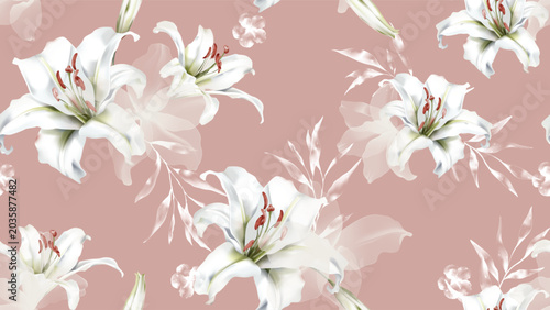 Floral seamless pattern featuring watercolor-style white Casa Blanca lily flowers and leaves on a soft green background