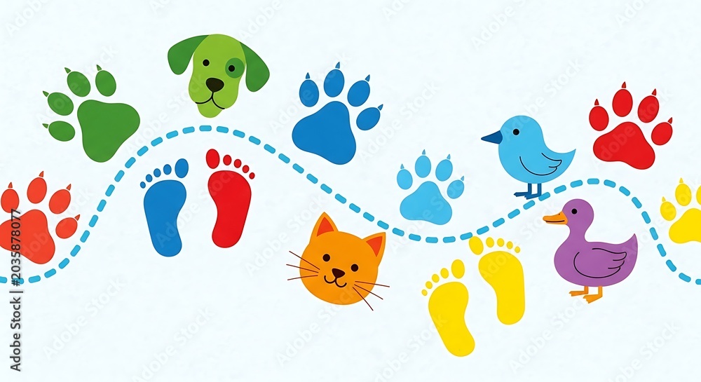 Fototapeta premium Colorful animal tracks and footprints illustration.