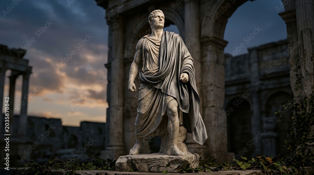 Obraz premium Classical marble statue of a roman leader among ancient ruins at dusk