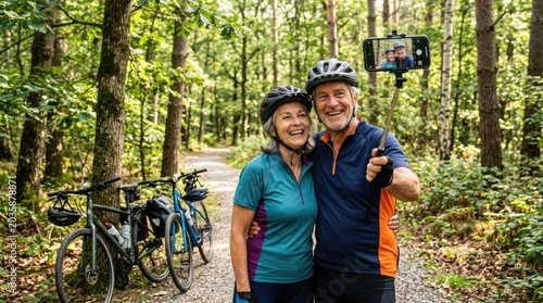 An elderly couple is taking a selfie outdoors. They are smiling and laughing while holding a selfie stick.