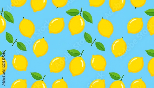 Bright Yellow Lemon Pattern Arranged on Light Blue Background