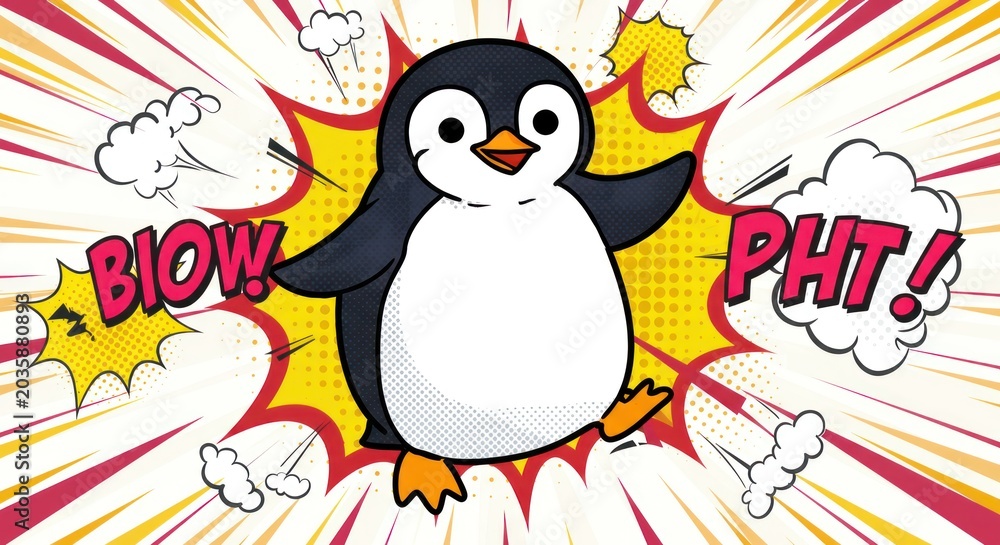 Fototapeta premium A cartoon penguin character stands amidst comic book-style explosion effects.