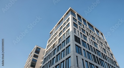 Modern Glass Office Building Against Clear Blue Sky