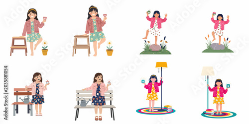 Fotografija Collection of cute little girl illustrations in different settings, holding small keepsake boxes for milk teeth or tooth fairy gifts