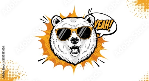 A polar bear wearing sunglasses exclaims excitedly in a graphic illustration.