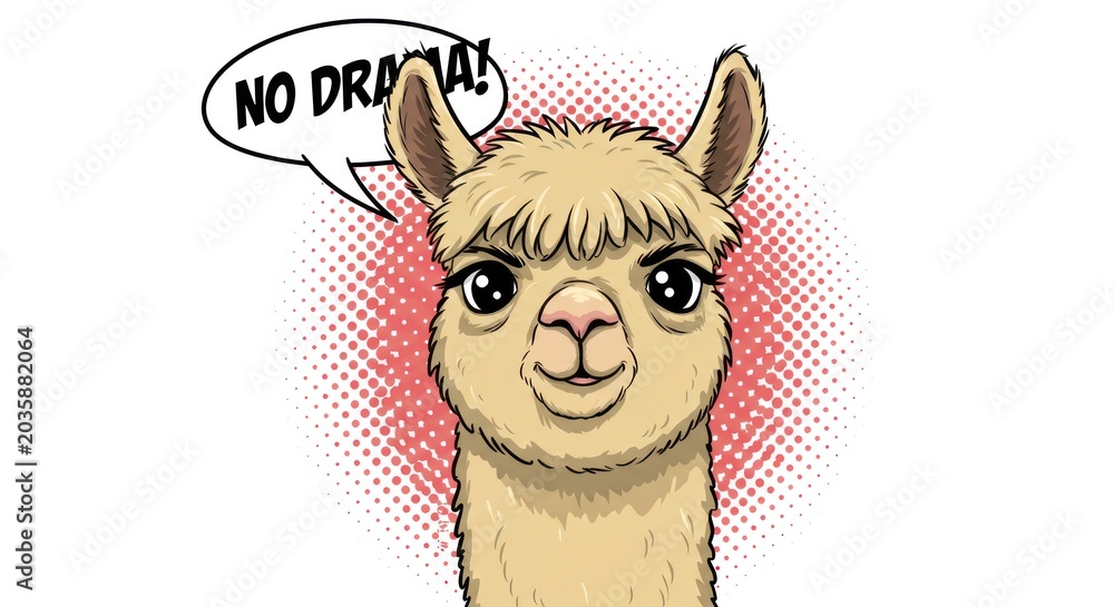 Fototapeta premium A smiling llama with a speech bubble says No drama in front of a red background.