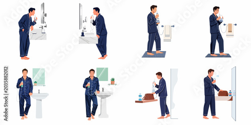 Canvas Print Collection of illustrations showing a man in blue pajamas using an oral irrigator for his daily dental hygiene routine in various bathroom settings