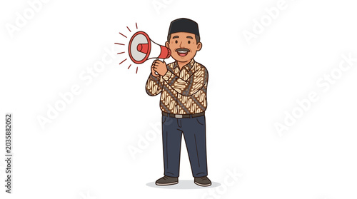 Foto Man holding a megaphone loudspeaker.