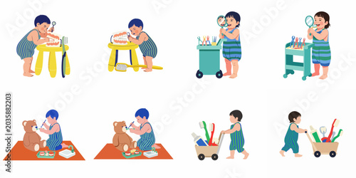 Schilderij op canvas Illustrations of a toddler engaged in various activities to learn about dental hygiene and visiting the dentist through play and role-playing