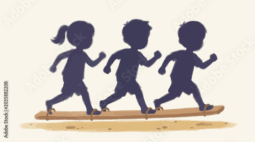 Children Running on a Surfboard Silhouette.