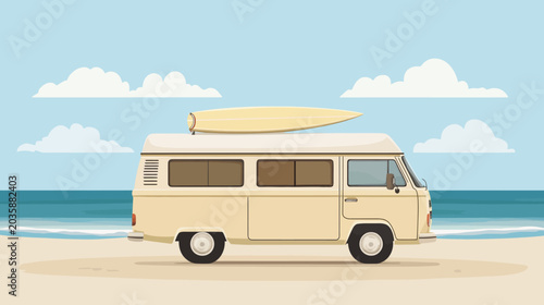 Vintage beige camper van on sandy beach with surfboard, ocean