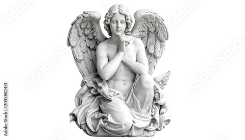 White Marble Angel Statue Kneeling in Prayer on Light Gray Background