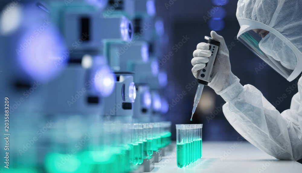 Fototapeta premium Laboratory scientist pipetting green solution into test tube in sterile lab environment with protective suit