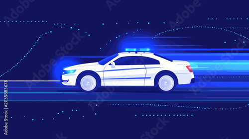 High-tech digital illustration of a modern police car in motion with dynamic light trails