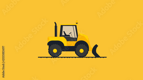 Digital illustration of a yellow construction tractor with a black blade on a yellow background