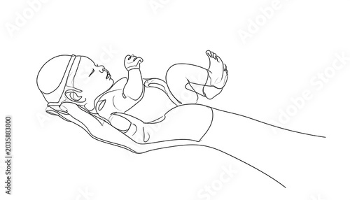 Delicate Newborn Baby Resting in Protective Adult Hand Illustration