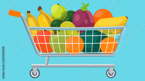 Illustration of a shopping cart filled with various colorful fruits on a blue background