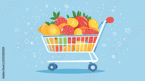 Illustration of a shopping cart filled with colorful fresh strawberries, lemons, and oranges on a light blue background with floating bubbles