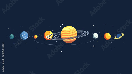 Artistic digital illustration of the solar system with planets orbiting a dark space background