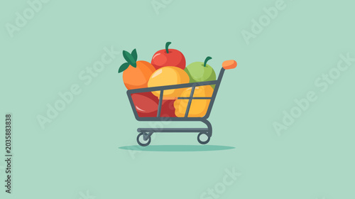 Illustration of a shopping cart filled with colorful fruits on a light background