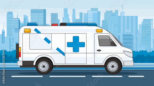 Cartoon ambulance on city street with skyline backdrop