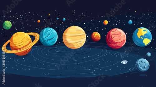 Artistic illustration of a stylized solar system with planets against a starry background