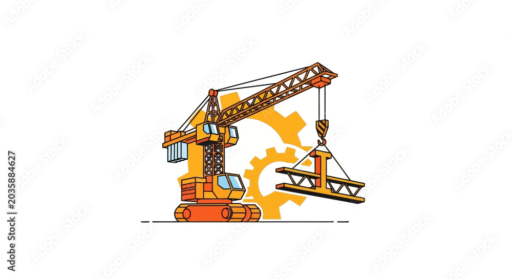 Obraz premium Construction Crane Lifting Steel Beam with Gear Background