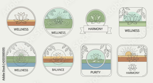 Set of Minimalist Lotus Flower Wellness and Harmony Logo Badges