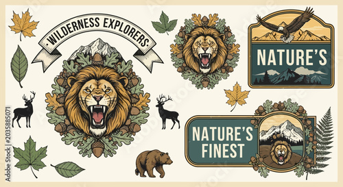 Wilderness Explorers Vintage Badges and Nature Wildlife Icons