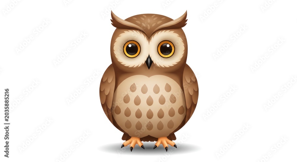 Fototapeta premium A cute cartoon owl stands on a surface with big eyes looking ahead.