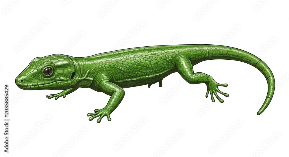 Fototapeta premium A vibrant green lizard is walking on a surface in a natural setting.