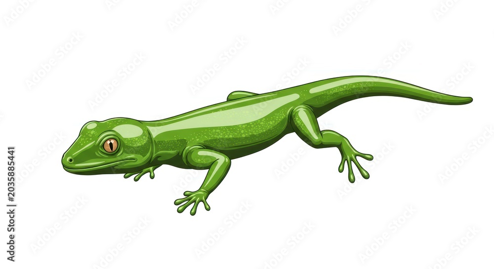 Fototapeta premium A green lizard is crawling on a white surface with its orange eye looking sideways.