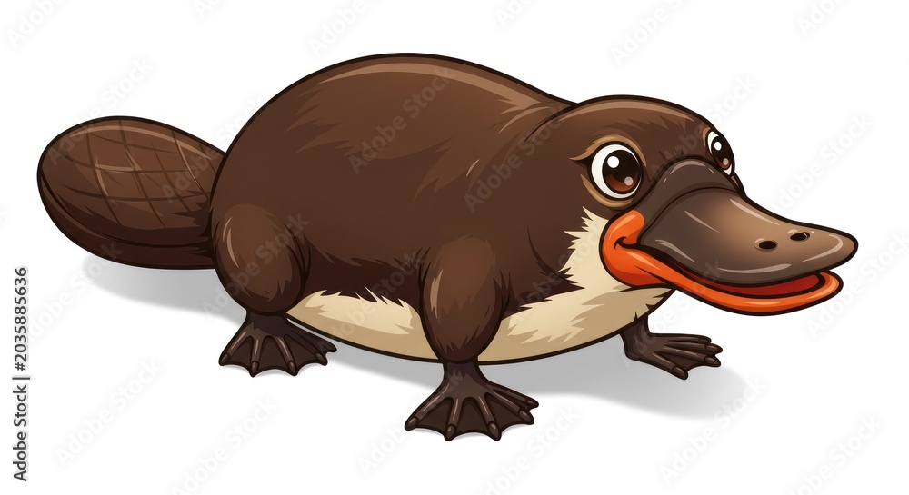 Fototapeta premium A cartoon platypus stands on land with its bill open wide.