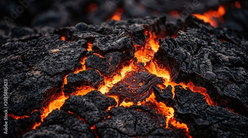 Molten lava flows across jagged, dark volcanic rock. Intense orange and red flames lick at the surface, creating a dramatic and fiery scene.
