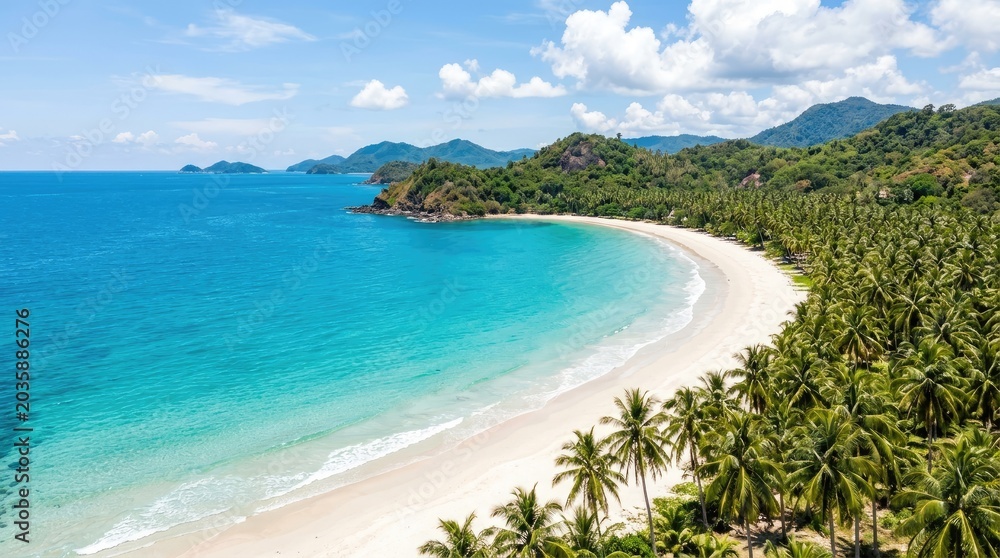 Fototapeta premium A stunning aerial view captures a pristine, crescent-shaped beach bordered by lush tropical vegetation.